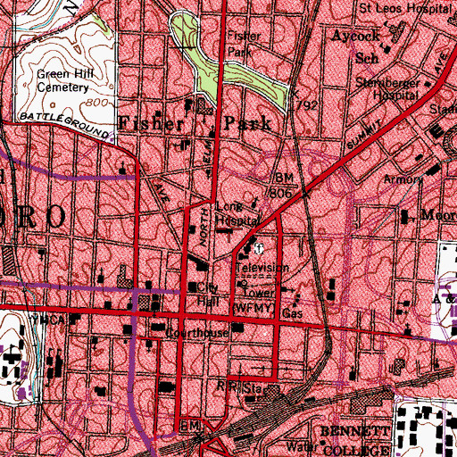 Topographic Map of Long Hospital, NC