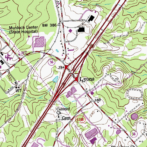 Topographic Map of Lyons, NC