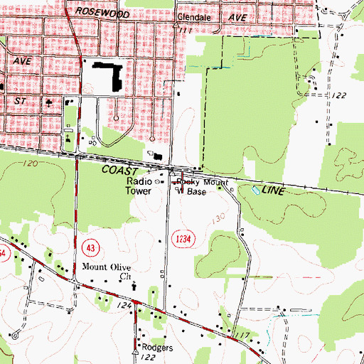Topographic Map of Rocky Mount W Base, NC