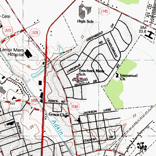 Topographic Map of Teachers Memorial School, NC