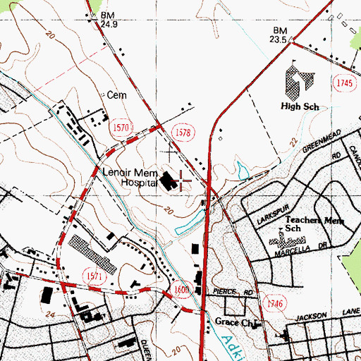 Topographic Map of Lenoir Memorial Hospital, NC