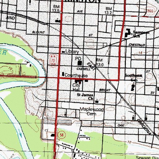 Topographic Map of Kinston City Hall, NC