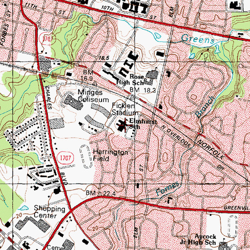 Topographic Map of Elmhurst School, NC