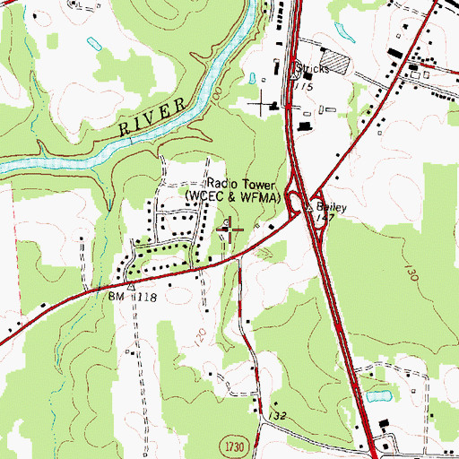 Topographic Map of WFMA-FM (Rocky Mount), NC