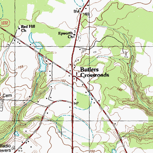 Topographic Map of Butlers Crossroads, NC