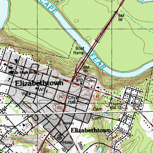 Topographic Map of Elizabethtown, NC