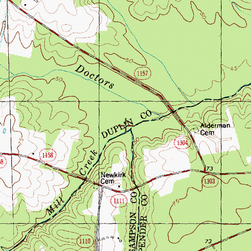 Topographic Map of Mill Creek, NC