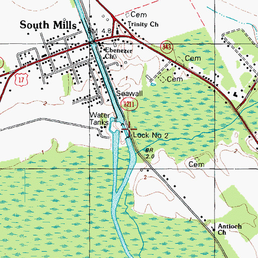 Topographic Map of Lock Number 2, NC
