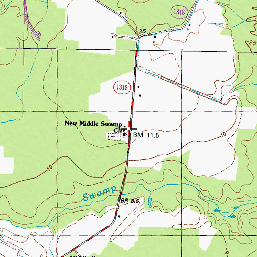 Topographic Map of New Middle Swamp Church, NC