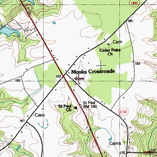 Topographic Map of Monks Crossroads, NC
