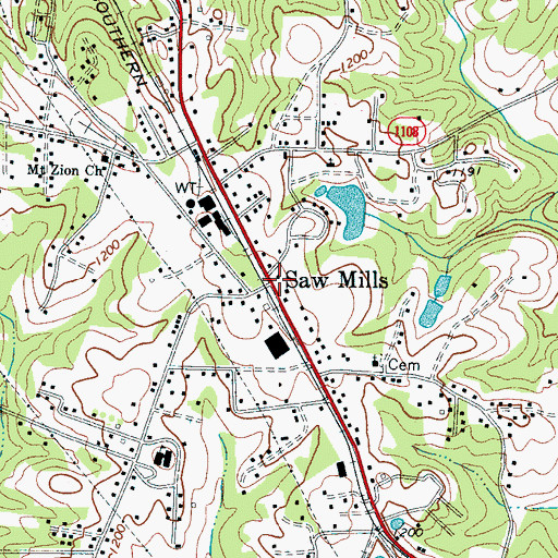 Topographic Map of Sawmills, NC