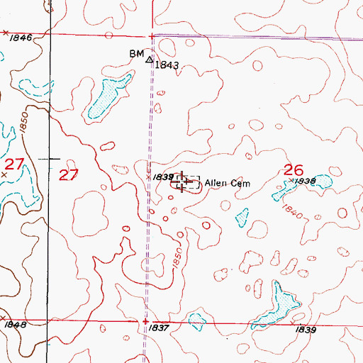 Topographic Map of Allen Cemetery, ND