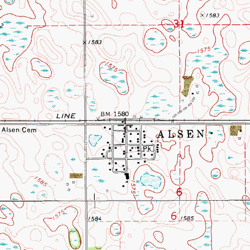 Topographic Map of Alsen, ND