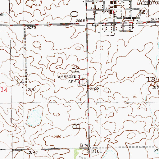 Topographic Map of Ambrose Cemetery, ND