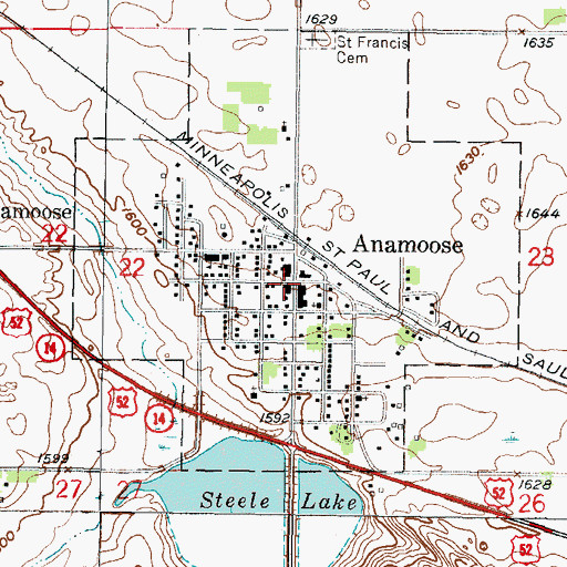 Topographic Map of Anamoose, ND