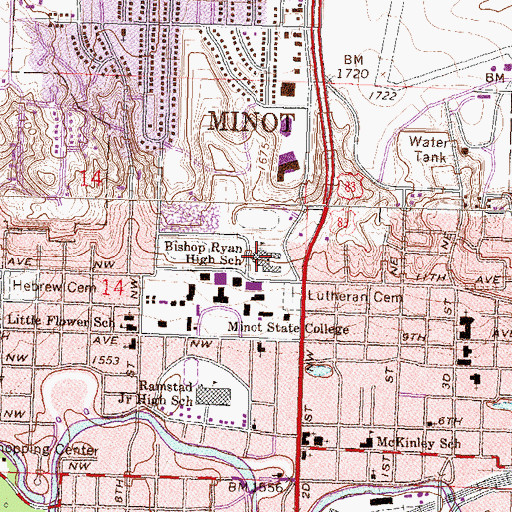 Topographic Map of Bishop Ryan Catholic School, ND