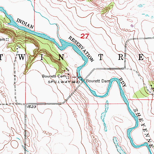Topographic Map of Bourett Dam, ND