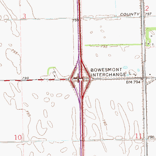 Topographic Map of Bowesmont Interchange, ND