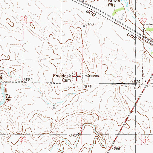 Topographic Map of Braddock Cemetery, ND