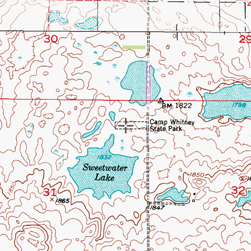 Topographic Map of Camp Whitney State Park, ND