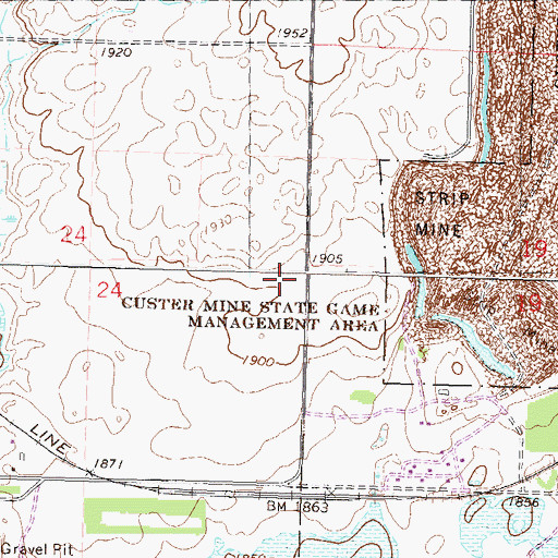Topographic Map of Custer Mine State Game Management Area, ND