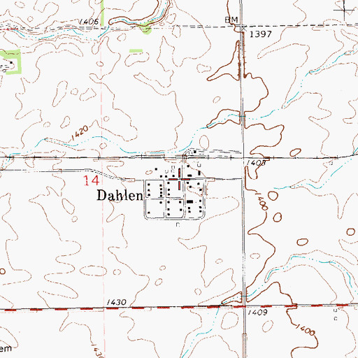 Topographic Map of Dahlen, ND