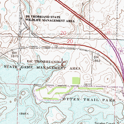 Topographic Map of De Trobriand State Game Management Area, ND
