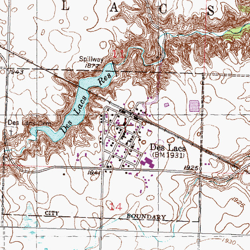 Topographic Map of Des Lacs, ND