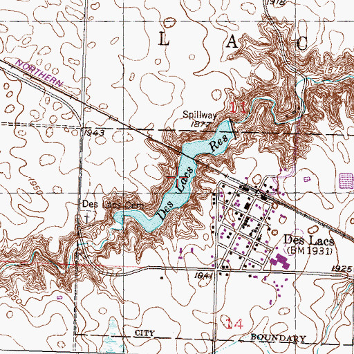 Topographic Map of Des Lacs Reservoir, ND