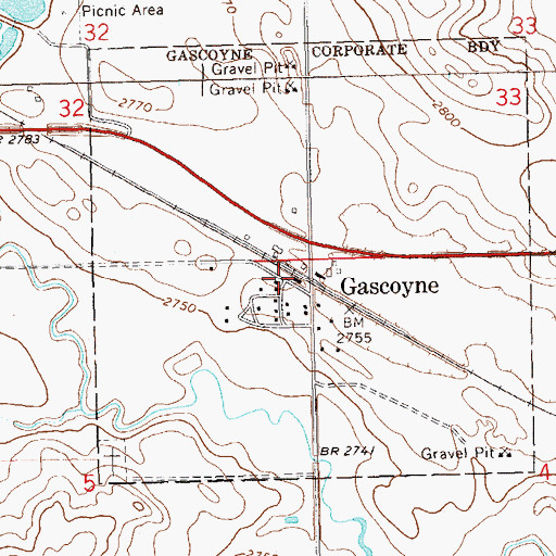 Topographic Map of Gascoyne, ND