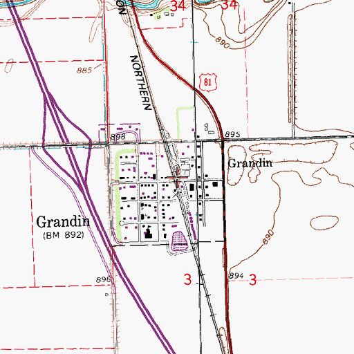 Topographic Map of Grandin, ND