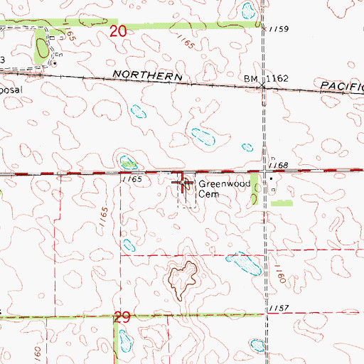 Topographic Map of Greenwood Cemetery, ND
