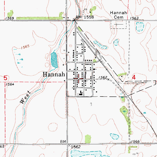 Topographic Map of Hannah, ND