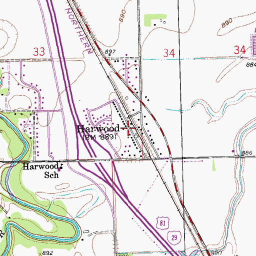 Topographic Map of Harwood, ND