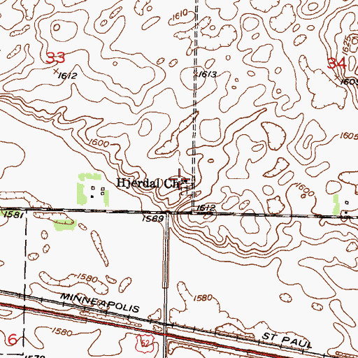 Topographic Map of Hjerdal Church, ND