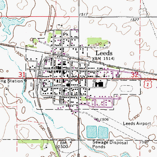 Topographic Map of Leeds, ND