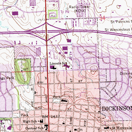 Topographic Map of Lincoln Elementary School, ND