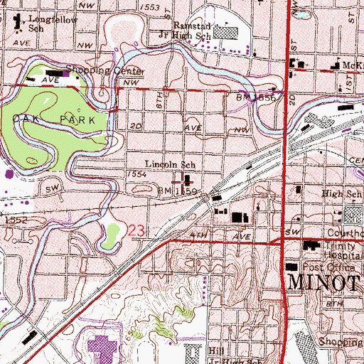 Topographic Map of Lincoln Elementary School (historical), ND
