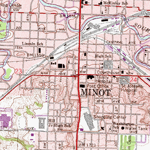 Topographic Map of Minot, ND