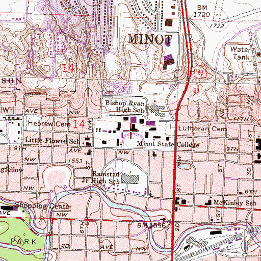 Topographic Map of Minot State University, ND