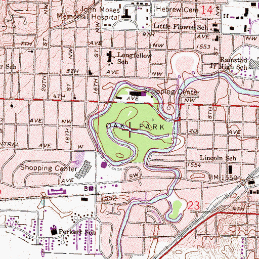 Topographic Map of Oak Park, ND