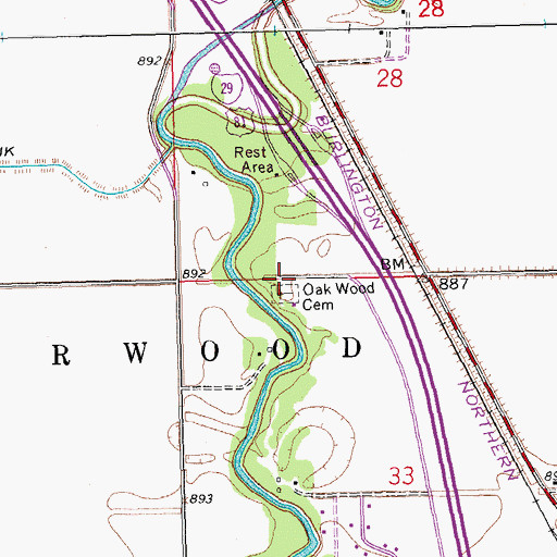 Topographic Map of Oak Wood Cemetery, ND