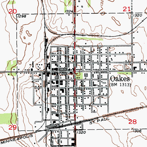 Topographic Map of Oakes, ND