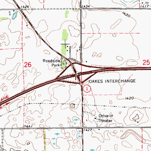 Topographic Map of Oakes Interchange, ND