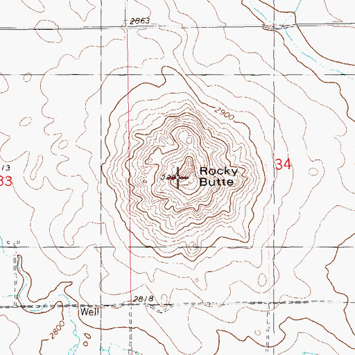 Topographic Map of Rocky Butte, ND