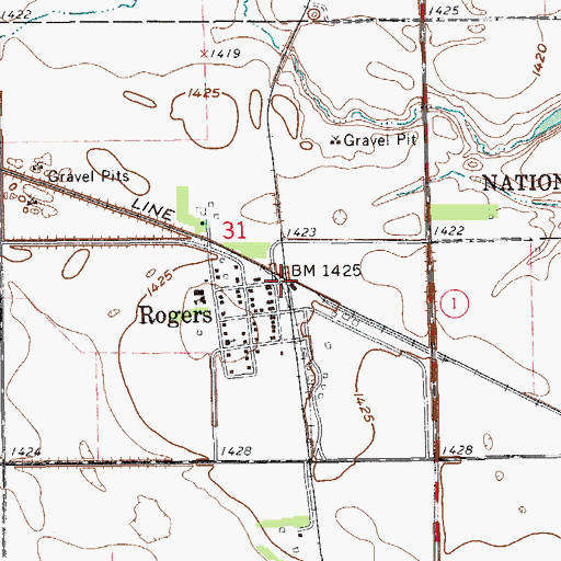 Topographic Map of Rogers, ND