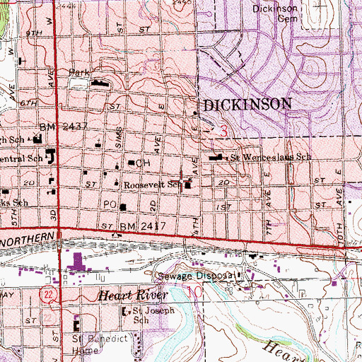 Topographic Map of Roosevelt Elementary School, ND