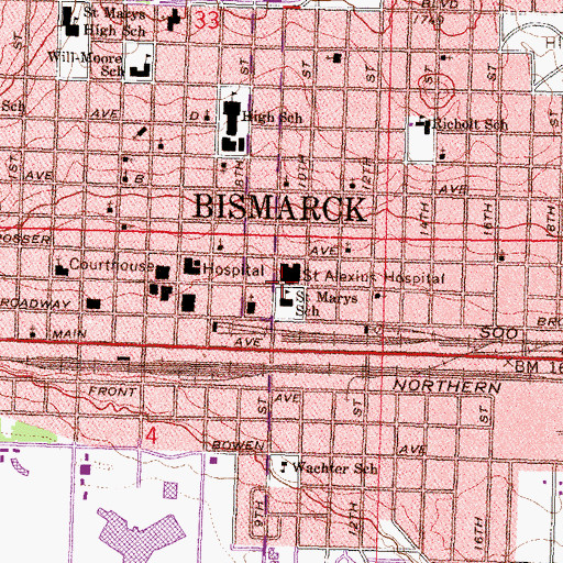 Topographic Map of Saint Alexius Medical Center, ND