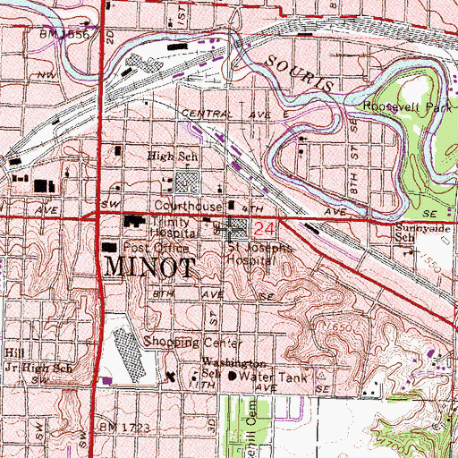 Topographic Map of Trinity Health Saint Joseph's Hospital, ND