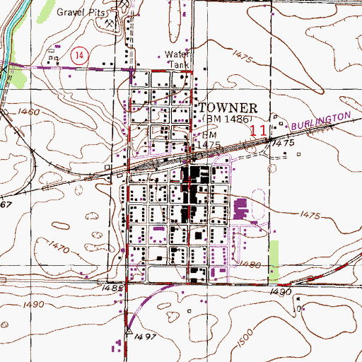 Topographic Map of Towner, ND